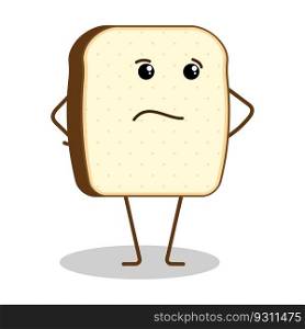 Funny piece of bread character with puzzled dissatisfied face expression. Diet and proper nutrition, adherence to daily diet. Flat vector isolated on white background