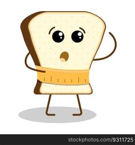 Funny piece of bread character with surprised face expression measuring waist with measuring tape. Diet and proper nutrition, adherence to daily diet. Flat vector isolated on white background