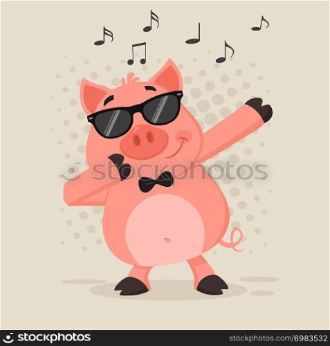 Funny Pig Cartoon Character With Sunglasses Dab Dabbing. Vector Illustration Flat Design With Background And Notes