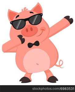 Funny Pig Cartoon Character With Sunglasses Dab Dabbing. Vector Illustration Flat Design With Background