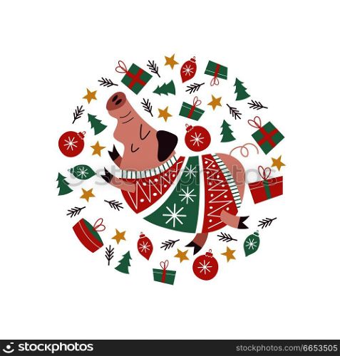 Funny pig in the warmth of a bright, knit sweater. Symbol of 2019. Original composition in the form of a circle. Mumps and Christmas decorations, Christmas gifts. The illustration will look good on postcards and mugs.. Cute cartoon animals in warm knitted sweaters. New year illustration.