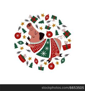 Funny pig in the warmth of a bright, knit sweater. Symbol of 2019. Original composition in the form of a circle. Mumps and Christmas decorations, Christmas gifts. The illustration will look good on postcards and mugs.. Cute cartoon animals in warm knitted sweaters. New year illustration.