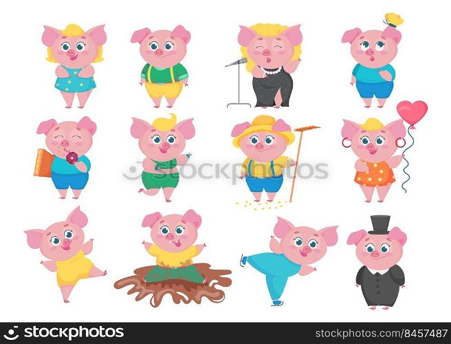 Funny pigs cartoon characters set. Flat vector collection of little cute animals in various situations, singing, eating, dancing, having fun. Happy piglet concept.