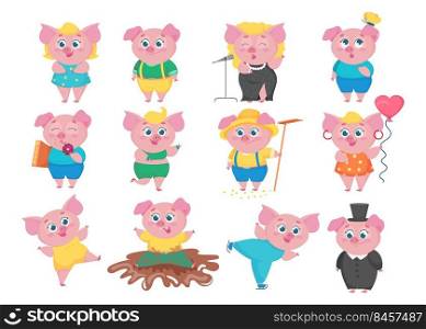 Funny pigs cartoon characters set. Flat vector collection of little cute animals in various situations, singing, eating, dancing, having fun. Happy piglet concept.
