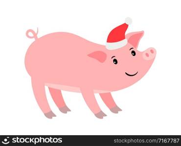Funny pink pig in Santa hat, Ney year vector icon. Funny pink pig in Santa hat