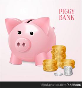 Funny pink piggy bank money box with coins and money tower print vector illustration
