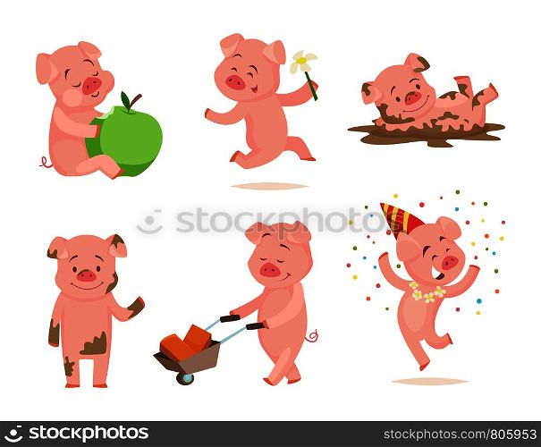 Funny pink pigs playing games. Cartoon pig fun and smile, piglet drawing characters. Vector illustration. Funny pink pigs playing games