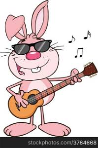 Funny Pink Rabbit With Sunglasses Playing A Guitar And Singing