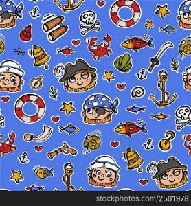 FUNNY PIRATES Cartoon Characters Seamless Pattern Vector