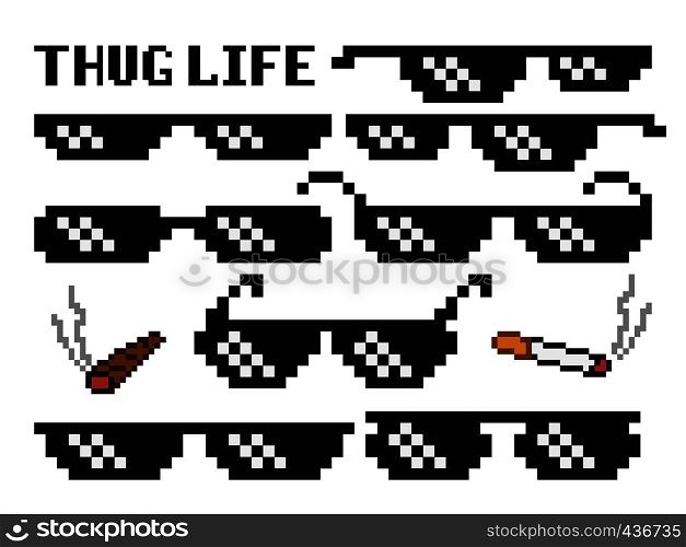 Funny pixelated boss sunglasses. Gangster, thug glasses and cigar vector set. Illustration of glasses pixel and cigarette 8bit style. Funny pixelated boss sunglasses. Gangster, thug glasses and cigar vector set