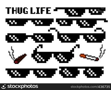 Funny pixelated boss sunglasses. Gangster, thug glasses and cigar vector set. Illustration of glasses pixel and cigarette 8bit style. Funny pixelated boss sunglasses. Gangster, thug glasses and cigar vector set