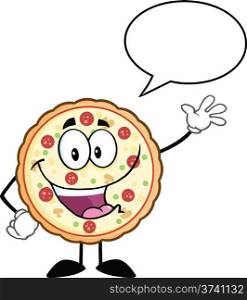 Funny Pizza Cartoon Mascot Character Waving With Speech Bubble Illustration Isolated on white