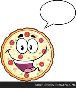 Funny Pizza Cartoon Mascot Character With Speech Bubble Illustration Isolated on white