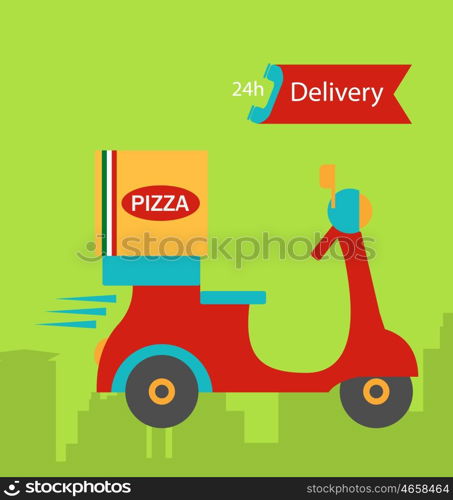 Funny pizza delivery boy riding red motor bike. Illustration Colorful Banner Pizza Delivery with Pizza Box and Scooter - Vector