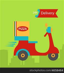Funny pizza delivery boy riding red motor bike. Illustration Colorful Banner Pizza Delivery with Pizza Box and Scooter - Vector