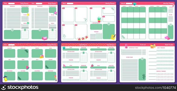 Funny planner templates. Daily, weekly, monthly and yearly planners pages. Goal planner and to do list, notebook with month calendar or 2020 memo planner. Isolated vector icons set. Funny planner templates. Daily, weekly, monthly and yearly planners pages. Goal planner and to do list vector set