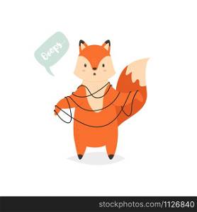 Funny playful fox tied with strings. Cute animal character for prints, birthday cards. Funny playful fox tied with strings. Cute animal character