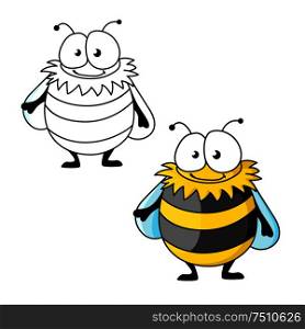 Funny plump bumblebee cartoon character with yellow and black furry strips. Isolated on white, with outline version. Black and yellow striped furry cartoon bumblebee