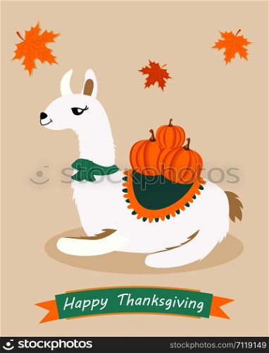 Funny poster for Thanksgiving day with lama and pumpkins.. Funny poster for Thanksgiving day with lama and pumpkins