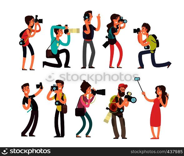 Funny professional photographer with camera taking photo in different poses vector cartoon characters set. Photographer character with camera illustration. Funny professional photographer with camera taking photo in different poses vector cartoon characters set