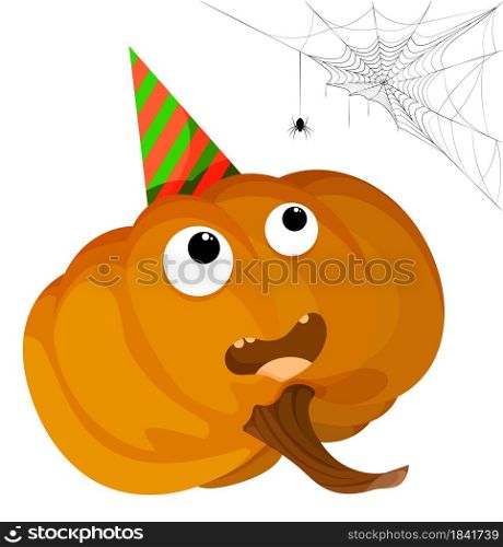 funny pumpkin party boy looks at spider and web. Thanksgiving autumn harvest. Autumn Halloween pumpkins. Edible plants. Isolated vector on white background in cartoon style