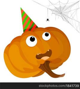 funny pumpkin party boy looks at spider and web. Thanksgiving autumn harvest. Autumn Halloween pumpkins. Edible plants. Isolated vector on white background in cartoon style