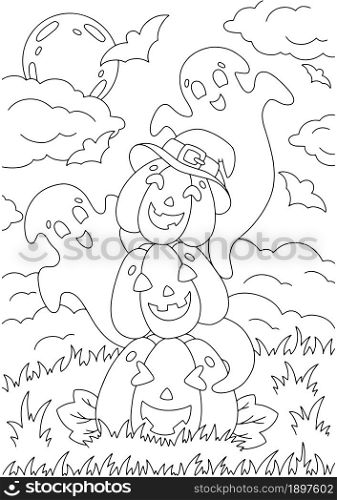 Funny pumpkins and ghosts. Coloring book page for kids. Halloween theme. Cartoon style character. Vector illustration isolated on white background.