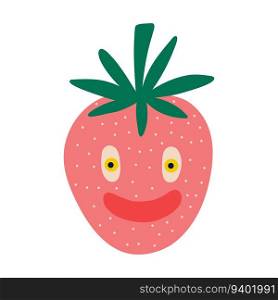 Funny quirky charming pink strawberry with awesome cool face. Baby berry character. Retro Illustration in a modern drawn childish style. Funny quirky charming strawberry with awesome cool face. Baby berry character.