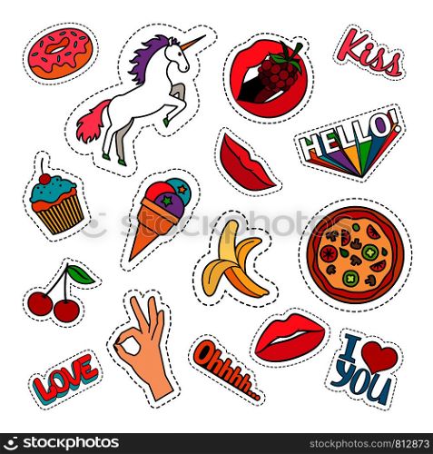 Funny quirky colorful food stickers set with pizza, cherry, ice cream and words. Vector patches and badges on white background. Funny food stickers set