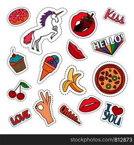 Funny quirky colorful food stickers set with pizza, cherry, ice cream and words. Vector patches and badges on white background. Funny food stickers set