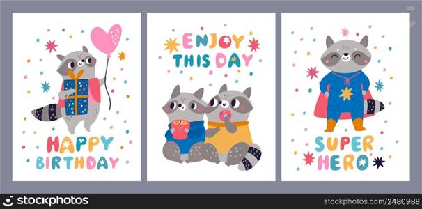 Funny raccoon cards. Little cute animals. Birthday kids banners. Furry wild creatures. Superhero costumes and holiday gifts. Cartoon characters couple with cup and donut. Vector festive postcards set. Funny raccoon cards. Little cute animals. Birthday banners. Furry wild creatures. Superhero costumes and holiday gifts. Cartoon characters couple with cup and donut. Vector postcards set