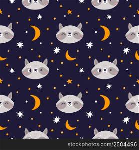 Funny raccoon seamless pattern. Cute print with little animals smiling faces. Wildlife cartoon characters. Comic mammal muzzles. Stars and dots. Night sky. Happy wild creatures head. Vector background. Funny raccoon seamless pattern. Cute little animals smiling faces. Wildlife cartoon characters. Comic mammal muzzles. Stars and dots. Night sky. Happy creatures head. Vector background