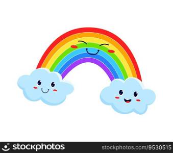 Funny rainbow and smiling clouds, cute characters. Vector rainbow emoticon for weather forecast, kawaii emoji of weather, meteorology sign. Funny rainbow and smiling clouds, cute characters