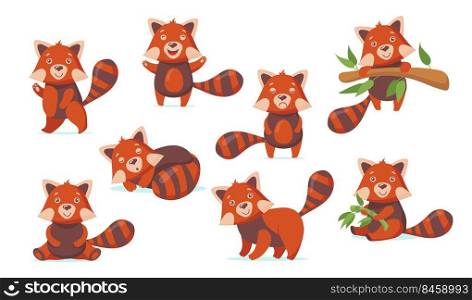 Funny red panda flat pictures set for web design. Cartoon cute Chinese bear character in different poses isolated vector illustrations. Forest animals and woodland concept