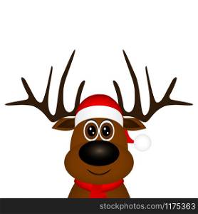 Funny reindeer in a scarf for christmas smiling on a white background. Funny reindeer in a scarf for christmas smiling