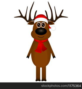 Funny reindeer in a scarf for christmas smiling on a white background. Funny reindeer in a scarf for christmas smiling