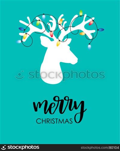 funny reindeer with christmas lights. Modern flat style Christmas card with reindeer with christmas lights tangled on his antlers and lettering text Merri Christmas