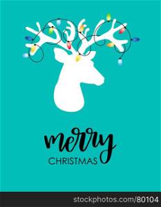 funny reindeer with christmas lights. Modern flat style Christmas card with reindeer with christmas lights tangled on his antlers and lettering text Merri Christmas