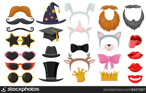 Funny retro photobooth party flat elements set. Cartoon headbands, cat ears, eyeglasses, hats, face masks isolated vector illustration collection. Carnival accessories and fun concept