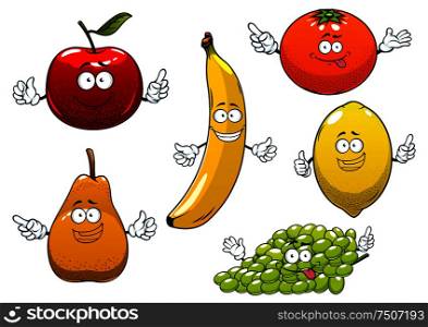 Funny ripe cartoon red apple, pear, banana, orange, green grape and lemon fruits characters for dessert food or agriculture design. Apple, pear, banana, orange, grape and lemon