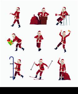 Funny santa. Christmas fairy tale character in action poses holding gifts making exercises red jackets and pants garish vector cartoon illustration. Funny santa claus celebration new year. Funny santa. Christmas fairy tale character in action poses holding gifts making exercises red jackets and pants garish vector cartoon illustration