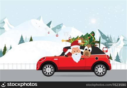 Funny Santa Claus and reindeer is driving a red car with tree and gifts on the top on against blue sky winter landscape, Merry Christmas Winter vector illustration.