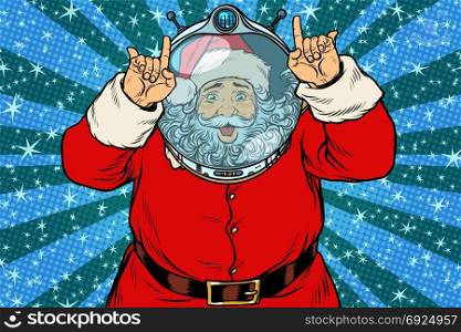 Funny Santa Claus astronaut makes faces. Pop art retro vector illustration. Funny Santa Claus astronaut makes faces