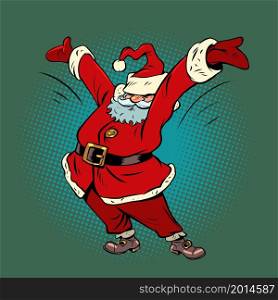 Funny Santa Claus is greeted by a cheerful pose.Christmas and New Year. Winter seasonal holiday. Comic cartoon hand drawing retro vintage. Funny Santa Claus is greeted by a cheerful pose. Christmas and New Year. Winter seasonal holiday