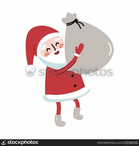 Funny Santa Claus is holding bag of gifts in his hands. Vector character for design of  postcard. New Year discounts and Christmas promotion.