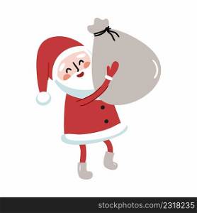 Funny Santa Claus is holding bag of gifts in his hands. Vector character for design of  postcard. New Year discounts and Christmas promotion.