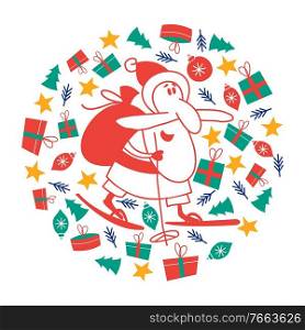 Funny Santa Claus on skis with a bag of gifts. Vector illustration on a white background.. New Year’s Christmas card, vector illustration.