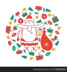 Funny Santa Claus with a bag of gifts. Vector illustration on a white background.. New Year’s Christmas card, vector illustration.