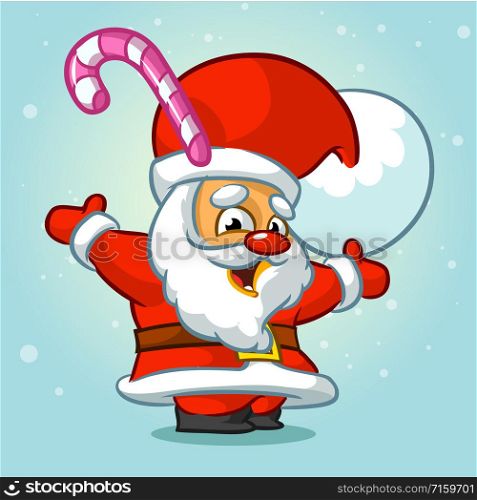 Funny Santa Claus with candy in his hat. Christmas greeting card background poster. Vector illustration.