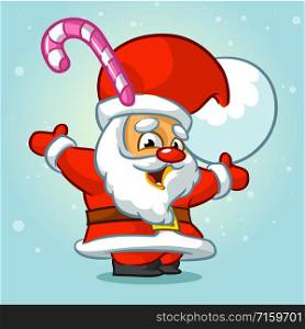 Funny Santa Claus with candy in his hat. Christmas greeting card background poster. Vector illustration.